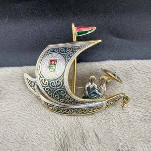 Vintage Damascene Brooch Ship Sail Boat Enamel Courting Couple